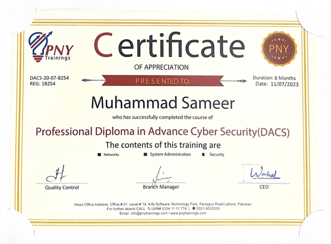 Professional Diploma in Advance Cyber Secuirty(DACS)